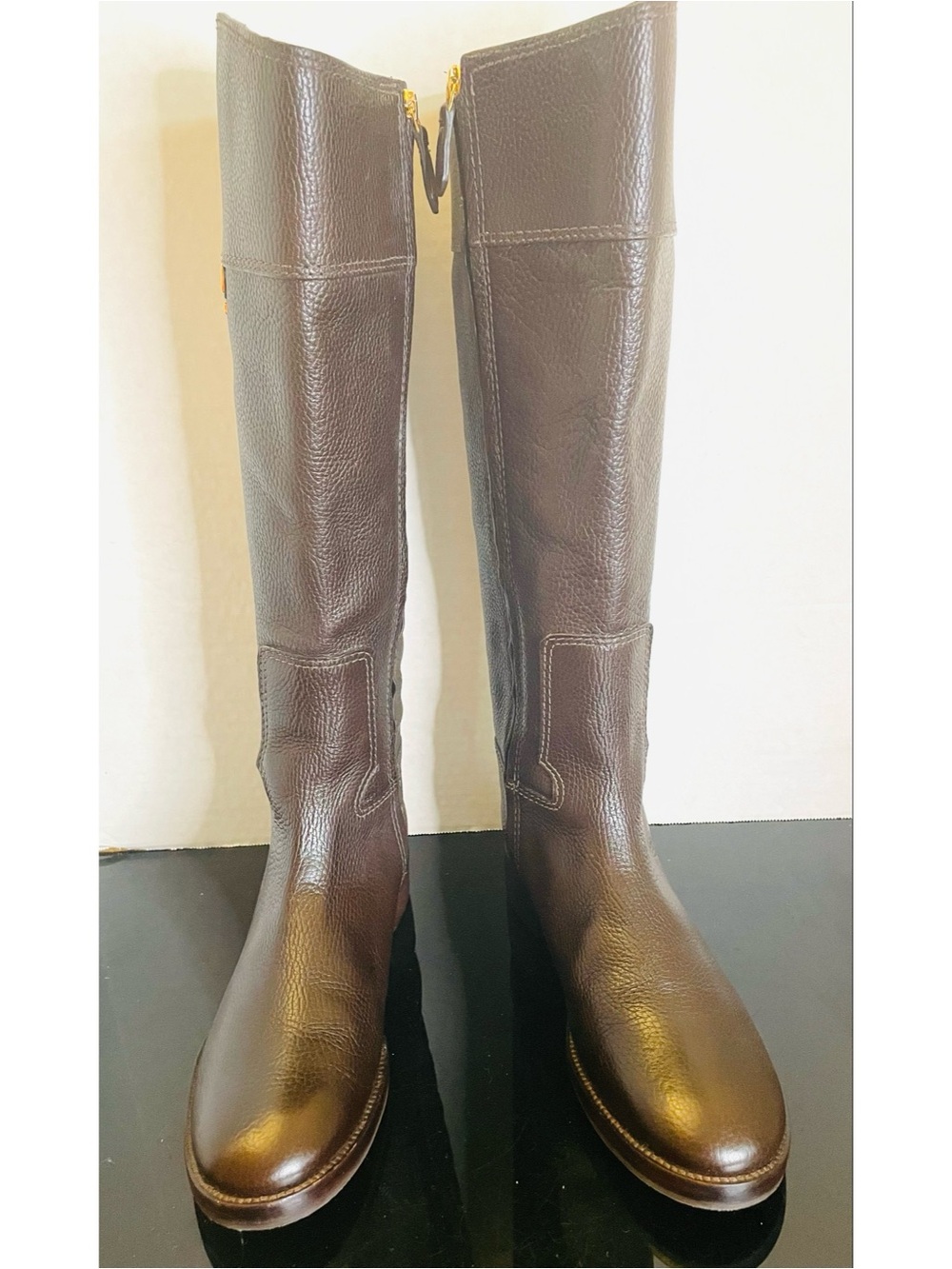 Tory Burch Joanna Boots Leather Riding Flat Equestrian Brown Gold Logo SZ 7.5